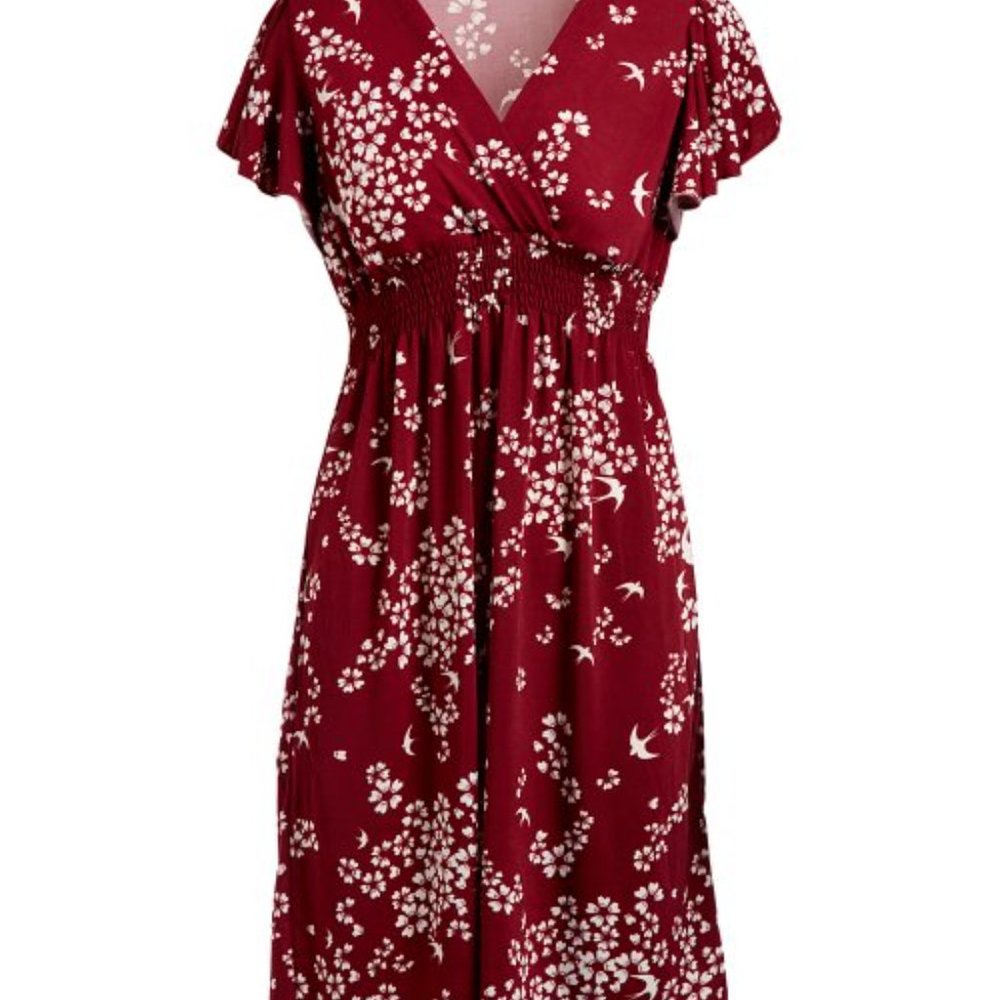Plum floral flutter sleeve surplice dress – medium